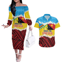 Personalised Torba PNG Forever Couples Matching Off The Shoulder Long Sleeve Dress and Hawaiian Shirt Polynesian Sand Art LT9 Green - Polynesian Pride