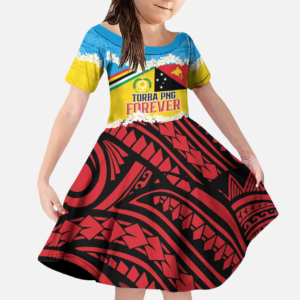 Personalised Torba PNG Forever Family Matching Off The Shoulder Long Sleeve Dress and Hawaiian Shirt Polynesian Sand Art LT9 Daughter's Dress Green - Polynesian Pride