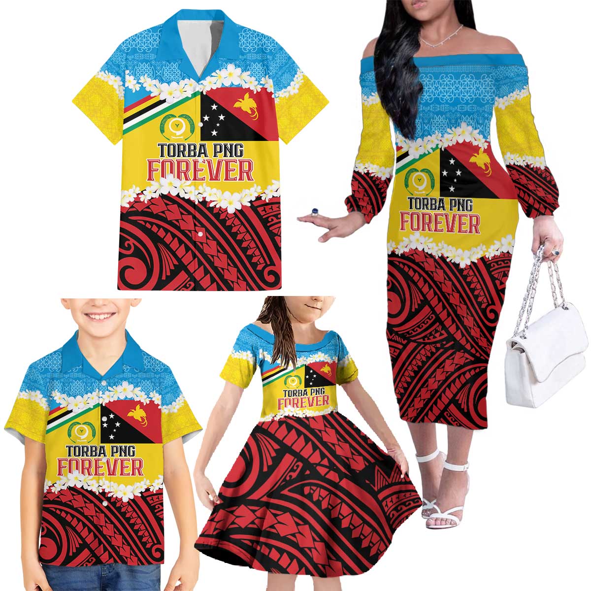 Personalised Torba PNG Forever Family Matching Off The Shoulder Long Sleeve Dress and Hawaiian Shirt Polynesian Sand Art LT9 - Polynesian Pride
