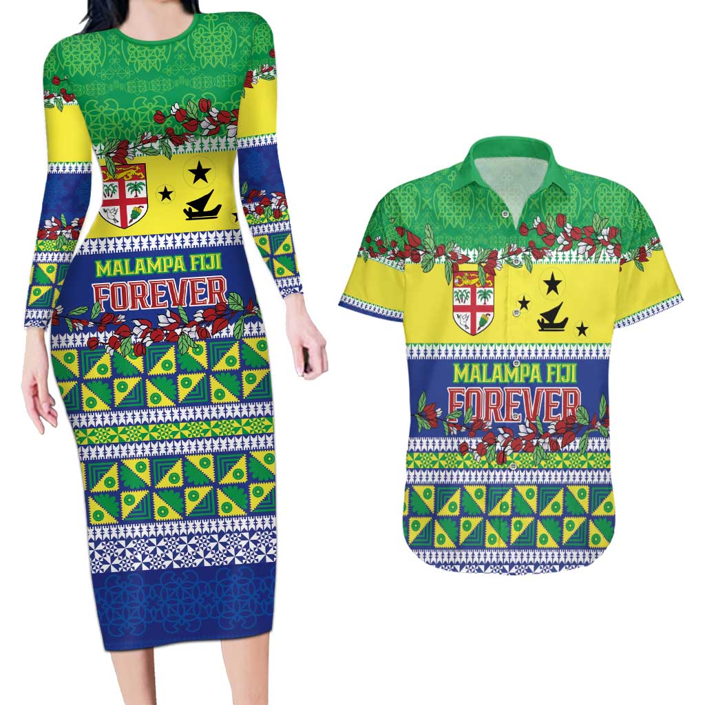 Personalised Malampa Fiji Forever Couples Matching Long Sleeve Bodycon Dress and Hawaiian Shirt Tagimoucia Polynesian Sand Drawing LT9 Yellow - Polynesian Pride