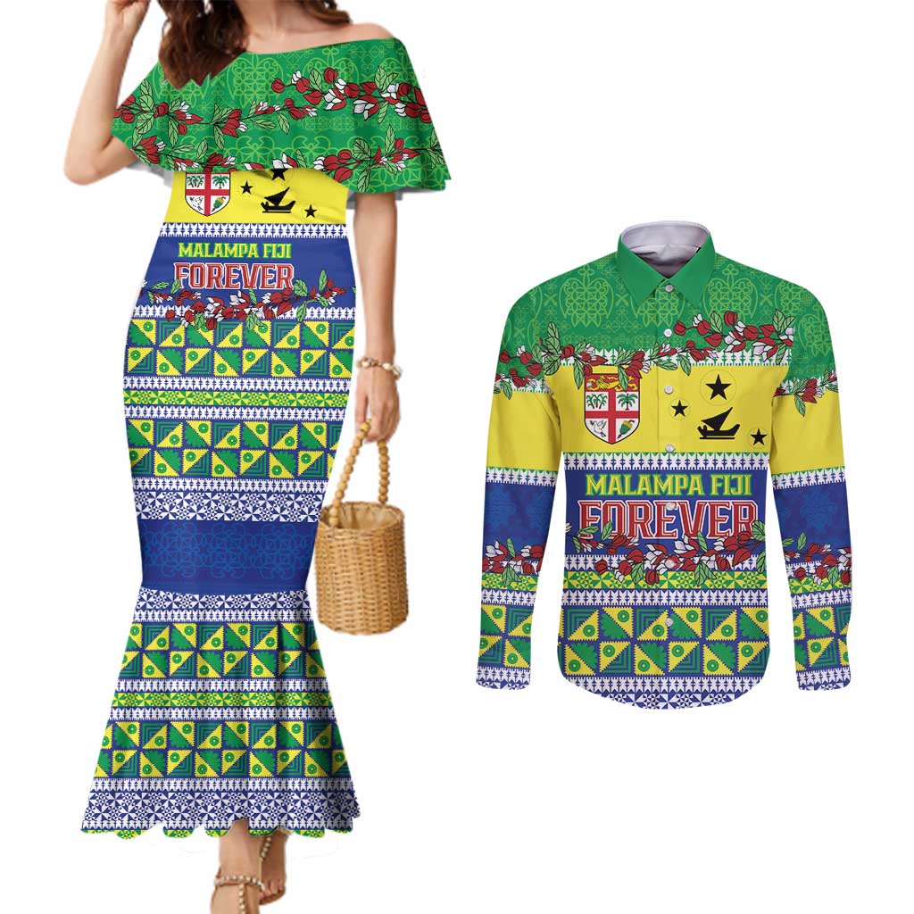 Personalised Malampa Fiji Forever Couples Matching Mermaid Dress and Long Sleeve Button Shirt Tagimoucia Polynesian Sand Drawing LT9 Yellow - Polynesian Pride