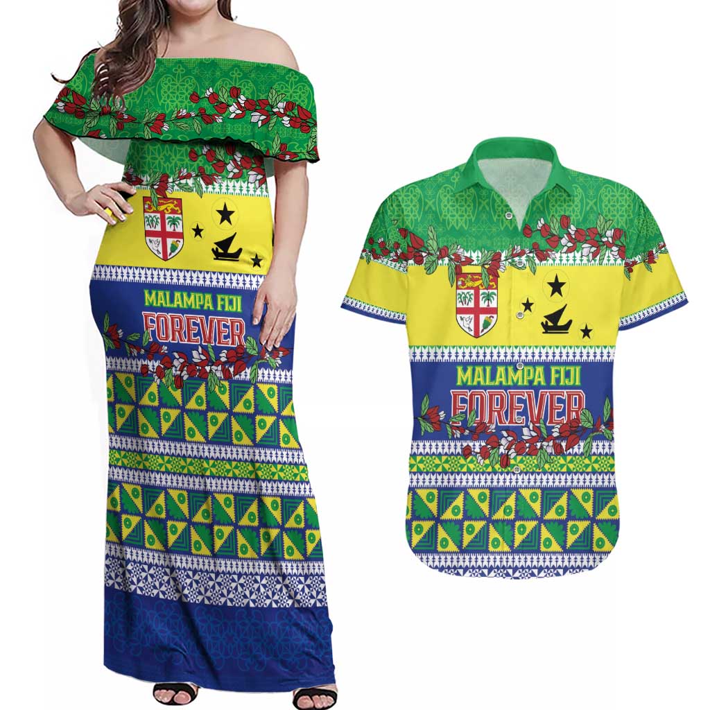 Personalised Malampa Fiji Forever Couples Matching Off Shoulder Maxi Dress and Hawaiian Shirt Tagimoucia Polynesian Sand Drawing LT9 Yellow - Polynesian Pride