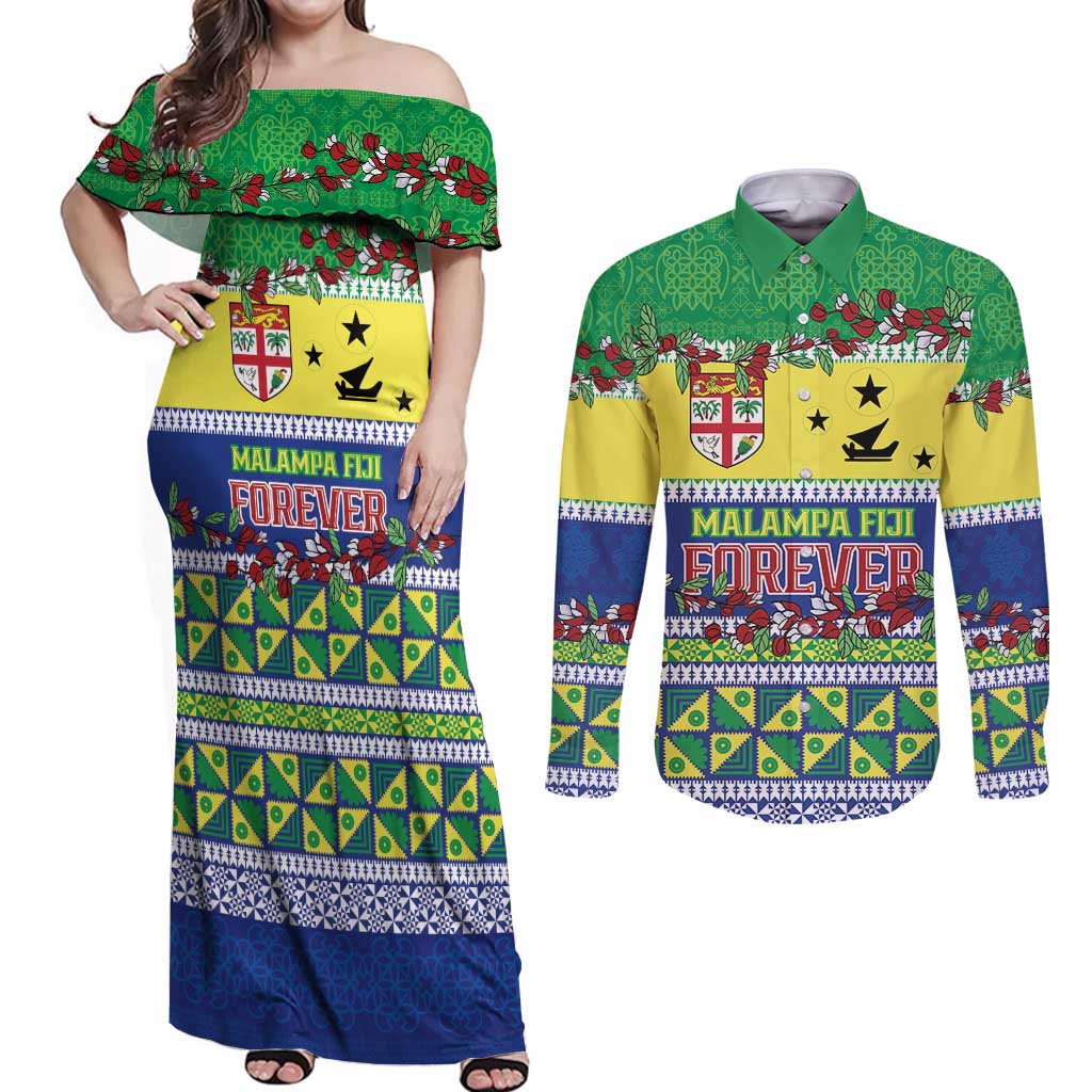 Personalised Malampa Fiji Forever Couples Matching Off Shoulder Maxi Dress and Long Sleeve Button Shirt Tagimoucia Polynesian Sand Drawing LT9 Yellow - Polynesian Pride