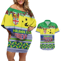 Personalised Malampa Fiji Forever Couples Matching Off Shoulder Short Dress and Hawaiian Shirt Tagimoucia Polynesian Sand Drawing LT9 Yellow - Polynesian Pride