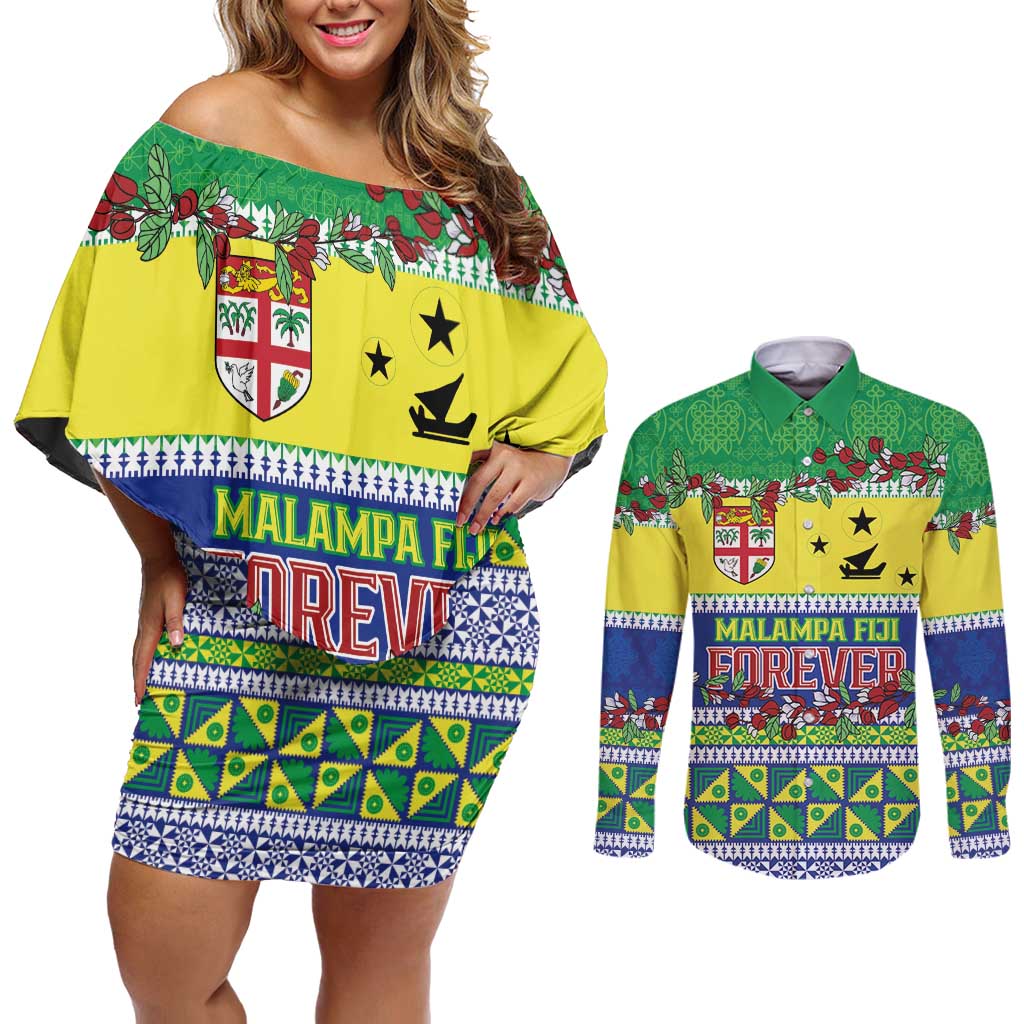Personalised Malampa Fiji Forever Couples Matching Off Shoulder Short Dress and Long Sleeve Button Shirt Tagimoucia Polynesian Sand Drawing LT9 Yellow - Polynesian Pride