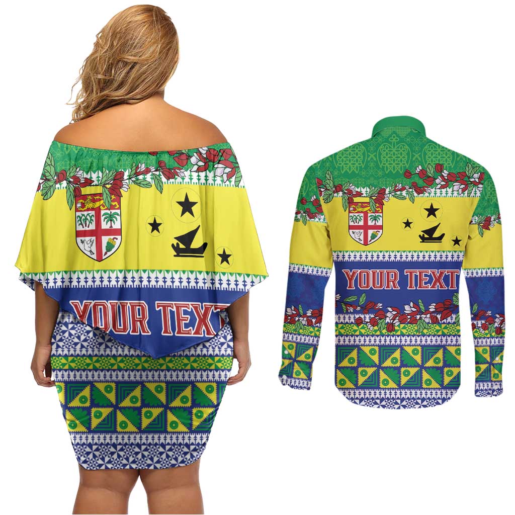 Personalised Malampa Fiji Forever Couples Matching Off Shoulder Short Dress and Long Sleeve Button Shirt Tagimoucia Polynesian Sand Drawing LT9 - Polynesian Pride
