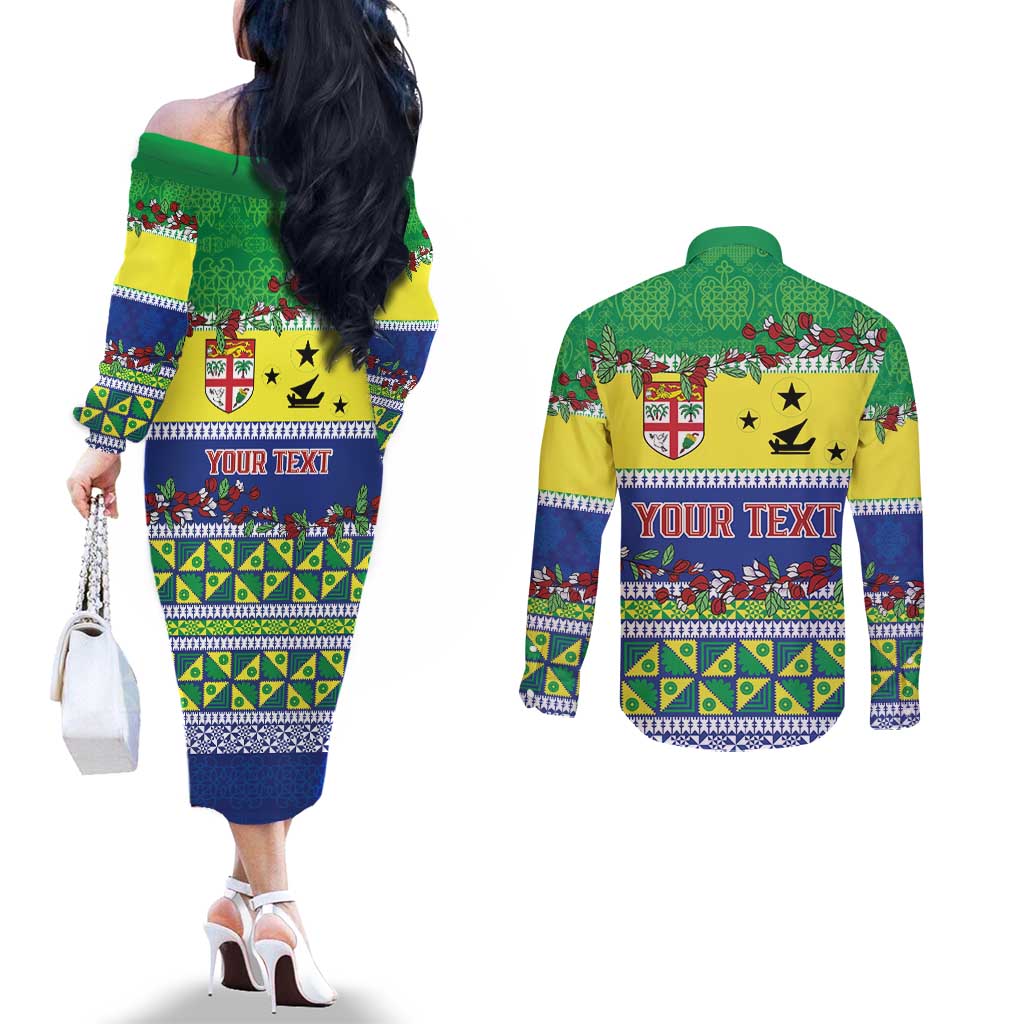 Personalised Malampa Fiji Forever Couples Matching Off The Shoulder Long Sleeve Dress and Long Sleeve Button Shirt Tagimoucia Polynesian Sand Drawing LT9 - Polynesian Pride