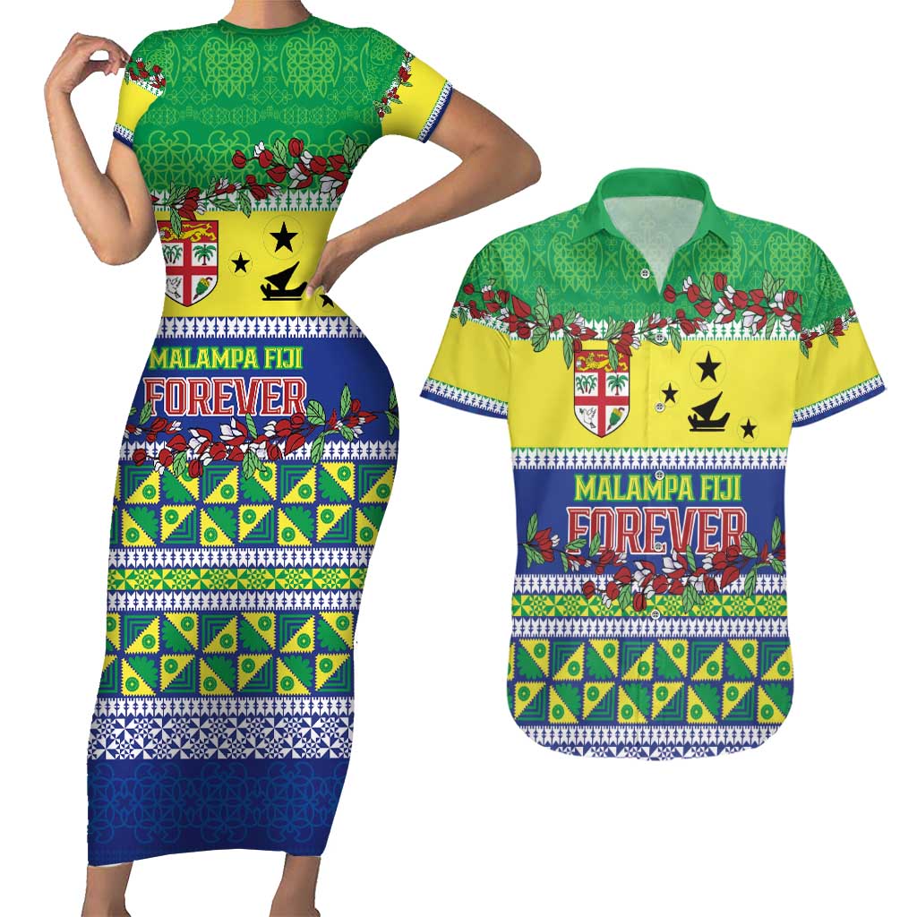 Personalised Malampa Fiji Forever Couples Matching Short Sleeve Bodycon Dress and Hawaiian Shirt Tagimoucia Polynesian Sand Drawing LT9 Yellow - Polynesian Pride