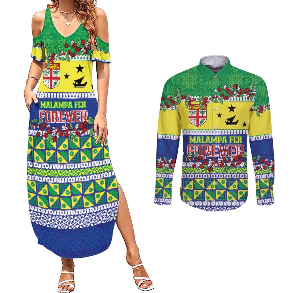 Personalised Malampa Fiji Forever Couples Matching Summer Maxi Dress and Long Sleeve Button Shirt Tagimoucia Polynesian Sand Drawing LT9 Yellow - Polynesian Pride