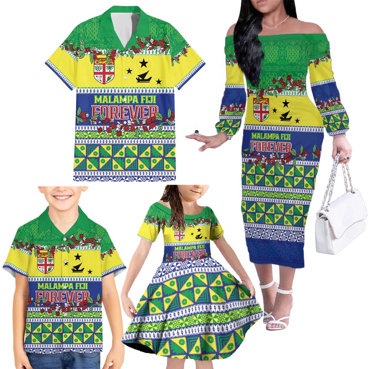 Personalised Malampa Fiji Forever Family Matching Off The Shoulder Long Sleeve Dress and Hawaiian Shirt Tagimoucia Polynesian Sand Drawing LT9 - Polynesian Pride