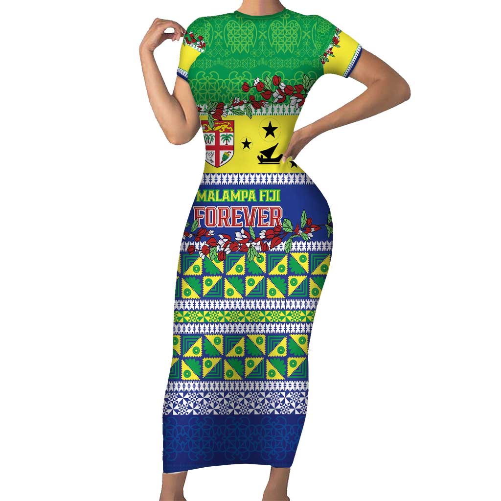 Personalised Malampa Fiji Forever Short Sleeve Bodycon Dress Tagimoucia Polynesian Sand Drawing LT9 Long Dress Yellow - Polynesian Pride