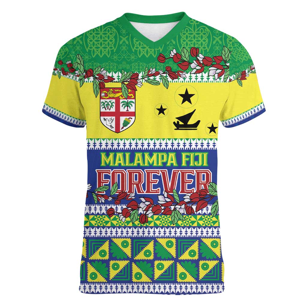 Personalised Malampa Fiji Forever Women V-Neck T-Shirt Tagimoucia Polynesian Sand Drawing LT9 Female Yellow - Polynesian Pride