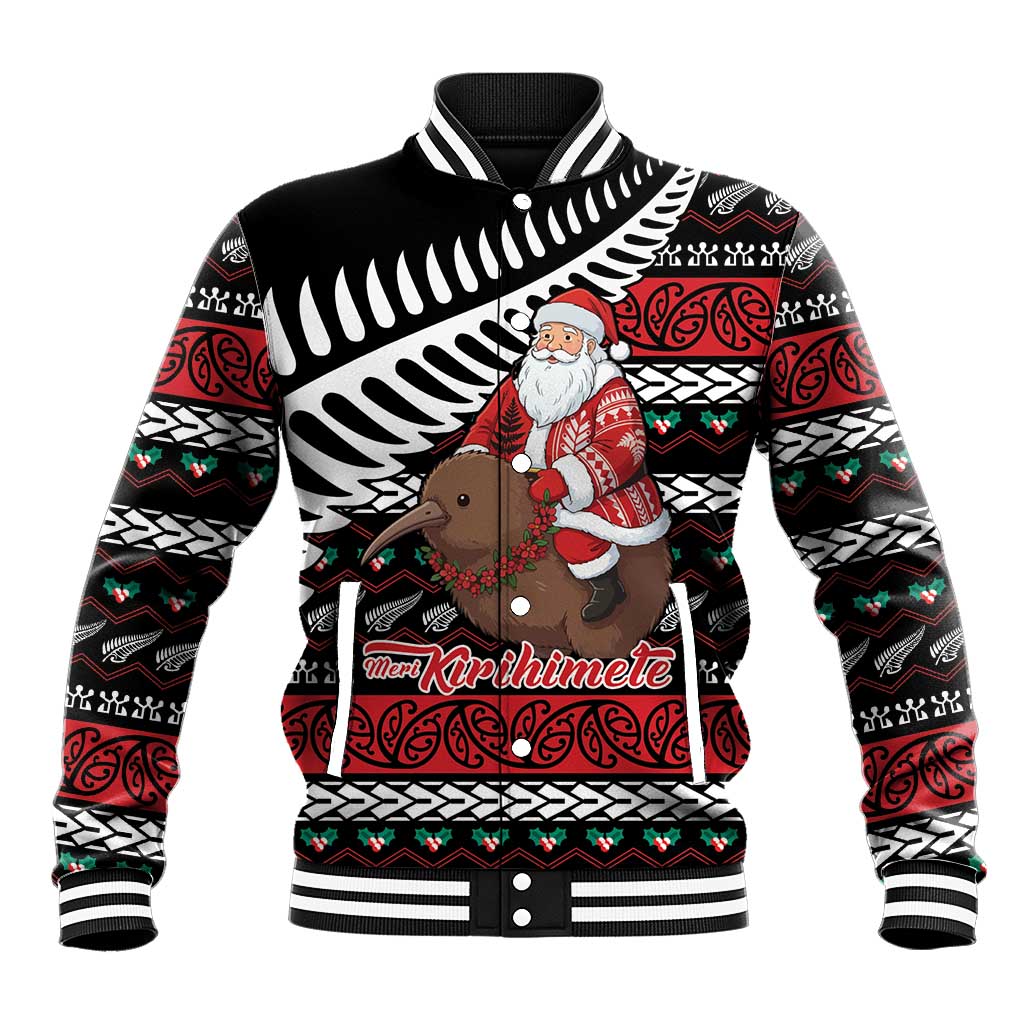 New Zealand Kiwi Santa Christmas Baseball Jacket He Wairua Kirihimete LT9 Unisex Black - Polynesian Pride