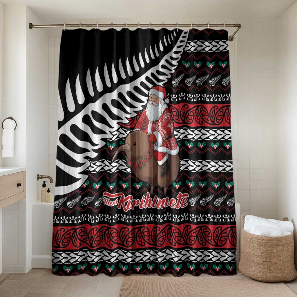 New Zealand Kiwi Santa Christmas Bathroom Set He Wairua Kirihimete LT9 Shower Curtain Only Black - Polynesian Pride