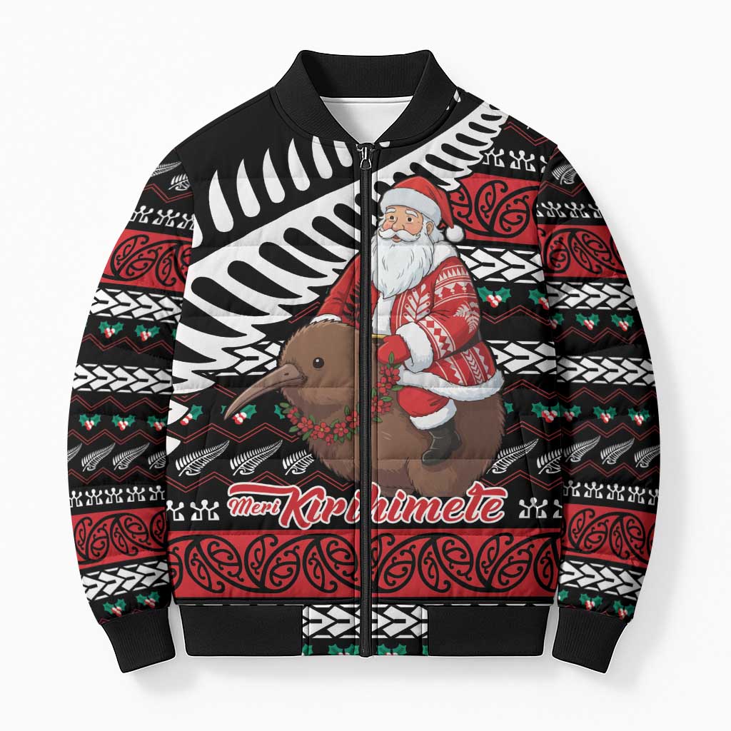 New Zealand Kiwi Santa Christmas Bomber Puffer Jacket He Wairua Kirihimete LT9 Unisex Black - Polynesian Pride
