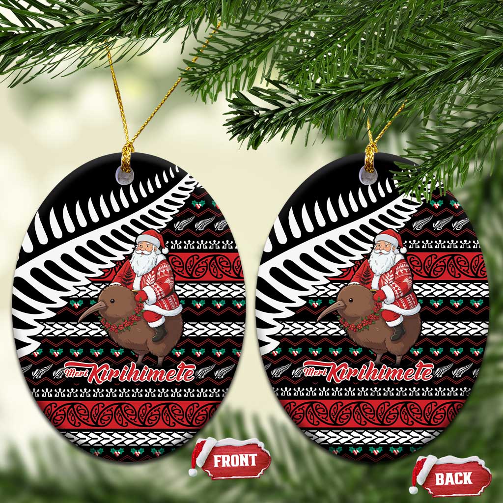 New Zealand Kiwi Santa Christmas Ceramic Ornament He Wairua Kirihimete LT9 Oval Black - Polynesian Pride