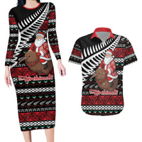 New Zealand Kiwi Santa Christmas Couples Matching Long Sleeve Bodycon Dress and Hawaiian Shirt He Wairua Kirihimete LT9 Black - Polynesian Pride