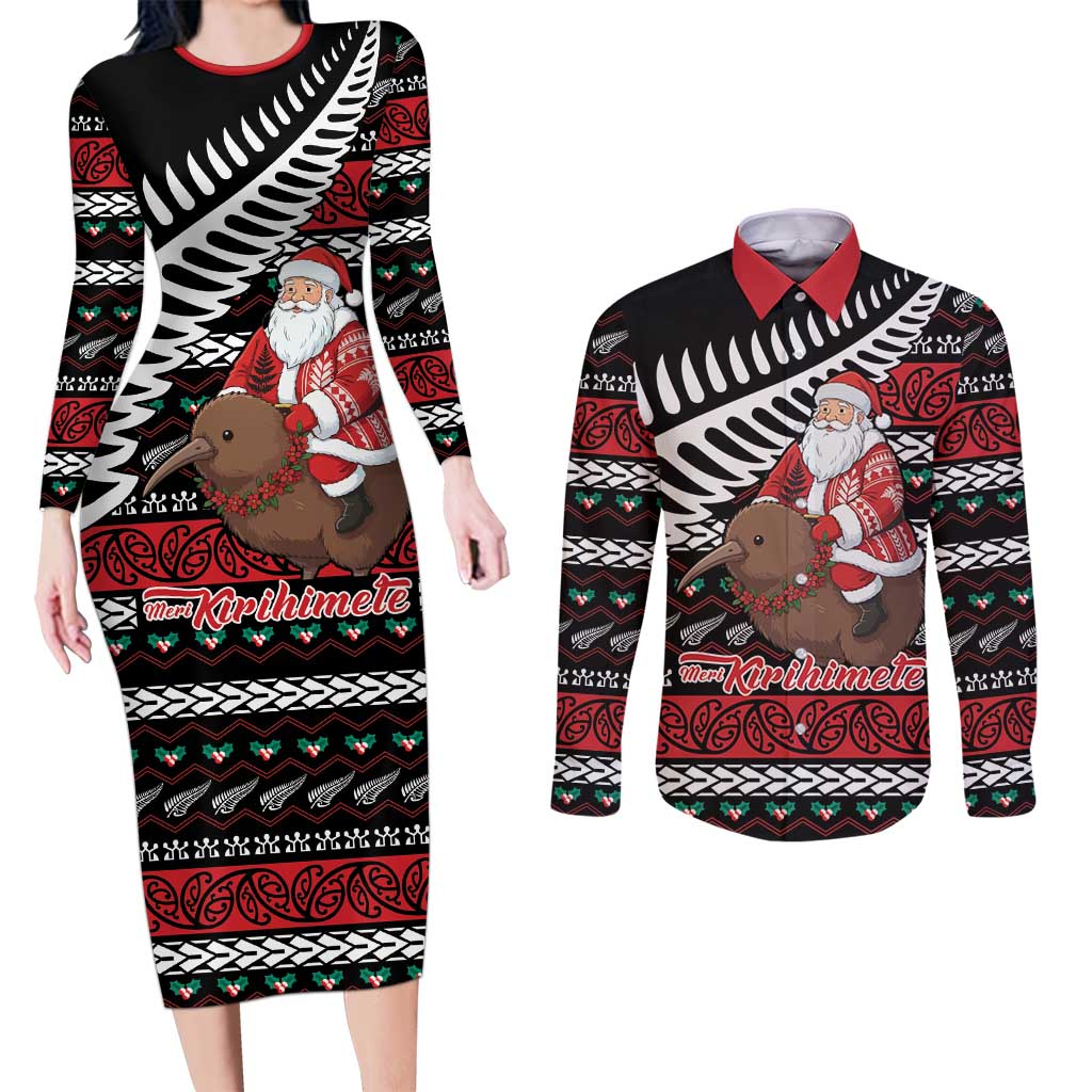 New Zealand Kiwi Santa Christmas Couples Matching Long Sleeve Bodycon Dress and Long Sleeve Button Shirt He Wairua Kirihimete LT9 Black - Polynesian Pride
