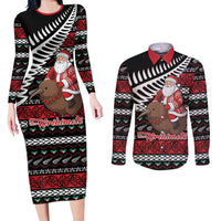 New Zealand Kiwi Santa Christmas Couples Matching Long Sleeve Bodycon Dress and Long Sleeve Button Shirt He Wairua Kirihimete LT9 Black - Polynesian Pride