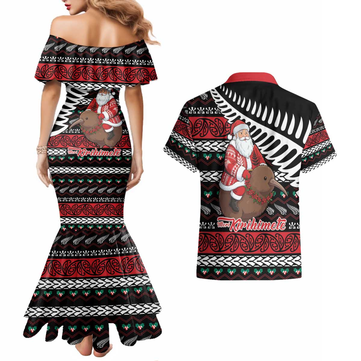 New Zealand Kiwi Santa Christmas Couples Matching Mermaid Dress and Hawaiian Shirt He Wairua Kirihimete LT9 - Polynesian Pride
