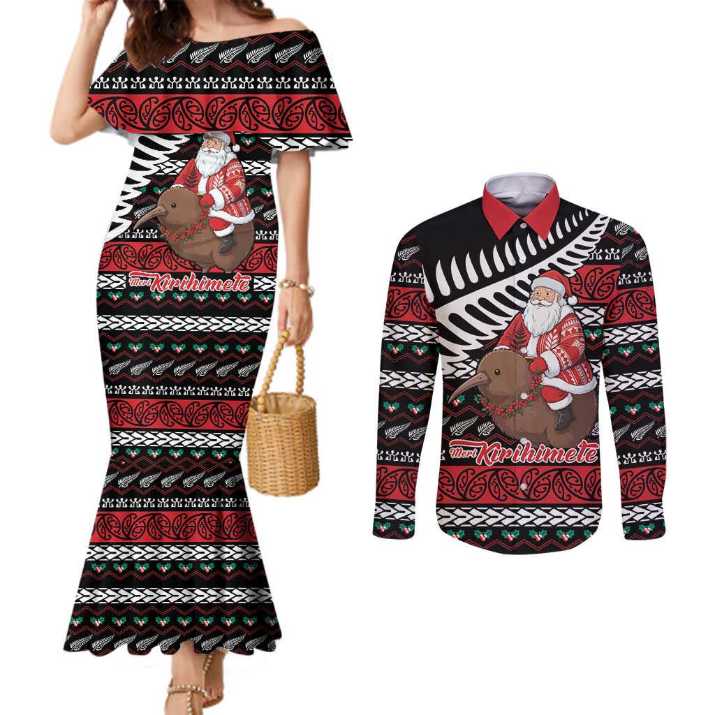 New Zealand Kiwi Santa Christmas Couples Matching Mermaid Dress and Long Sleeve Button Shirt He Wairua Kirihimete LT9 Black - Polynesian Pride