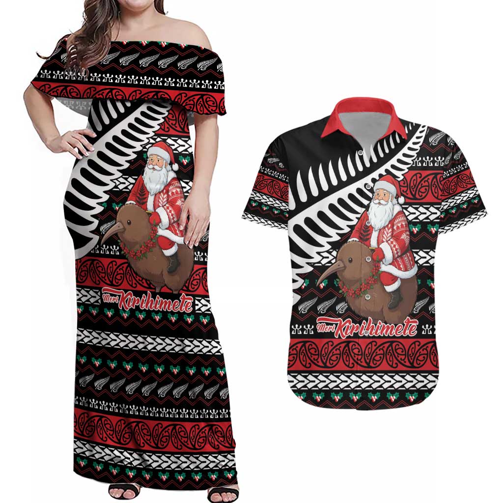 New Zealand Kiwi Santa Christmas Couples Matching Off Shoulder Maxi Dress and Hawaiian Shirt He Wairua Kirihimete LT9 Black - Polynesian Pride