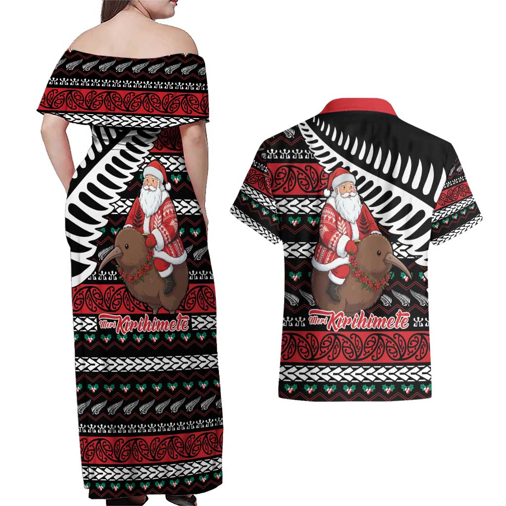 New Zealand Kiwi Santa Christmas Couples Matching Off Shoulder Maxi Dress and Hawaiian Shirt He Wairua Kirihimete LT9 - Polynesian Pride
