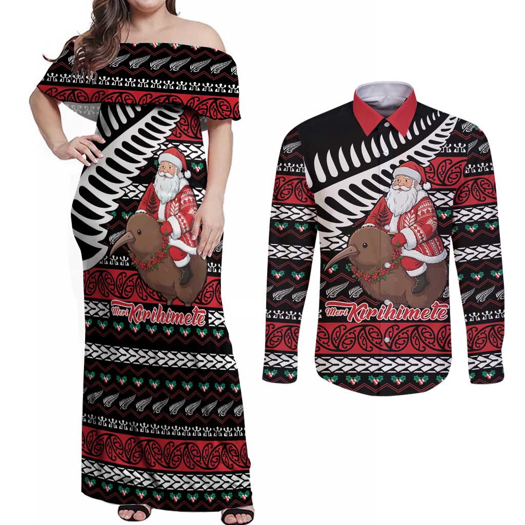 New Zealand Kiwi Santa Christmas Couples Matching Off Shoulder Maxi Dress and Long Sleeve Button Shirt He Wairua Kirihimete LT9 Black - Polynesian Pride