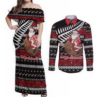 New Zealand Kiwi Santa Christmas Couples Matching Off Shoulder Maxi Dress and Long Sleeve Button Shirt He Wairua Kirihimete LT9 Black - Polynesian Pride