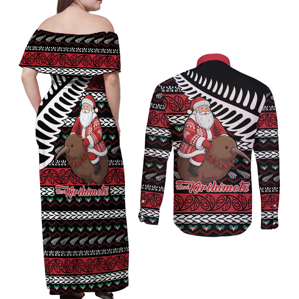 New Zealand Kiwi Santa Christmas Couples Matching Off Shoulder Maxi Dress and Long Sleeve Button Shirt He Wairua Kirihimete LT9 - Polynesian Pride
