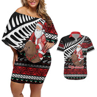 New Zealand Kiwi Santa Christmas Couples Matching Off Shoulder Short Dress and Hawaiian Shirt He Wairua Kirihimete LT9 Black - Polynesian Pride