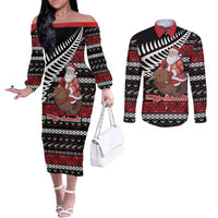 New Zealand Kiwi Santa Christmas Couples Matching Off The Shoulder Long Sleeve Dress and Long Sleeve Button Shirt He Wairua Kirihimete LT9 Black - Polynesian Pride