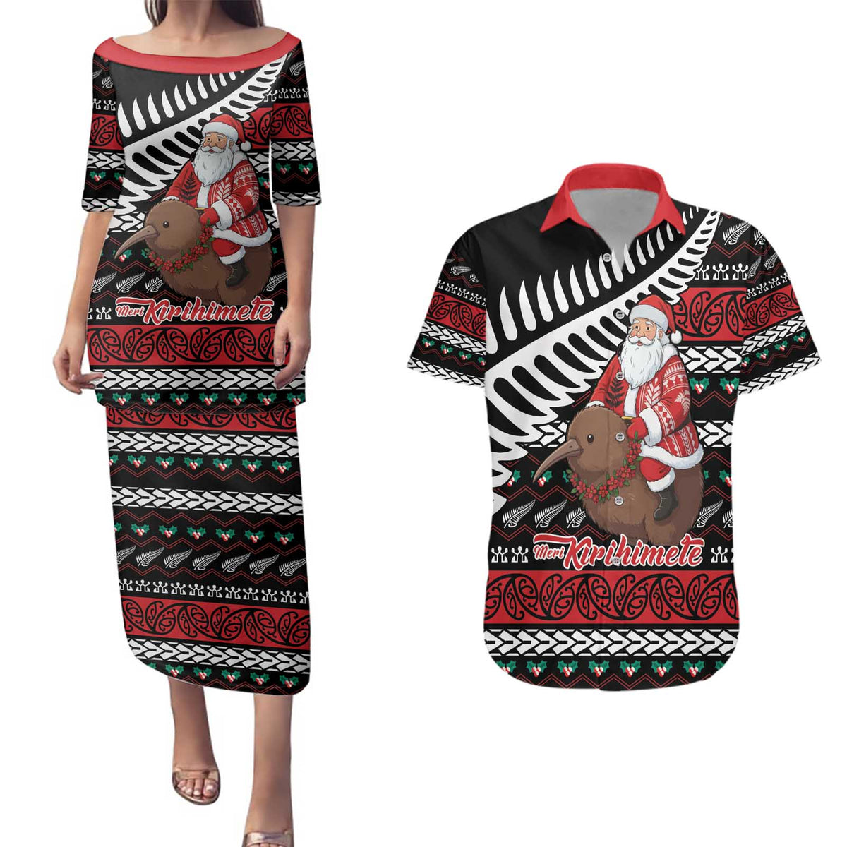 New Zealand Kiwi Santa Christmas Couples Matching Puletasi and Hawaiian Shirt He Wairua Kirihimete LT9 Black - Polynesian Pride