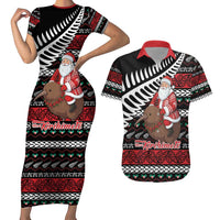 New Zealand Kiwi Santa Christmas Couples Matching Short Sleeve Bodycon Dress and Hawaiian Shirt He Wairua Kirihimete LT9 Black - Polynesian Pride