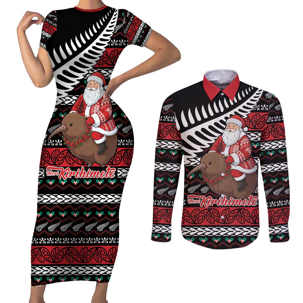 New Zealand Kiwi Santa Christmas Couples Matching Short Sleeve Bodycon Dress and Long Sleeve Button Shirt He Wairua Kirihimete LT9 Black - Polynesian Pride
