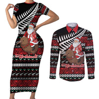 New Zealand Kiwi Santa Christmas Couples Matching Short Sleeve Bodycon Dress and Long Sleeve Button Shirt He Wairua Kirihimete LT9 Black - Polynesian Pride