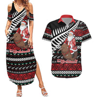 New Zealand Kiwi Santa Christmas Couples Matching Summer Maxi Dress and Hawaiian Shirt He Wairua Kirihimete LT9 Black - Polynesian Pride