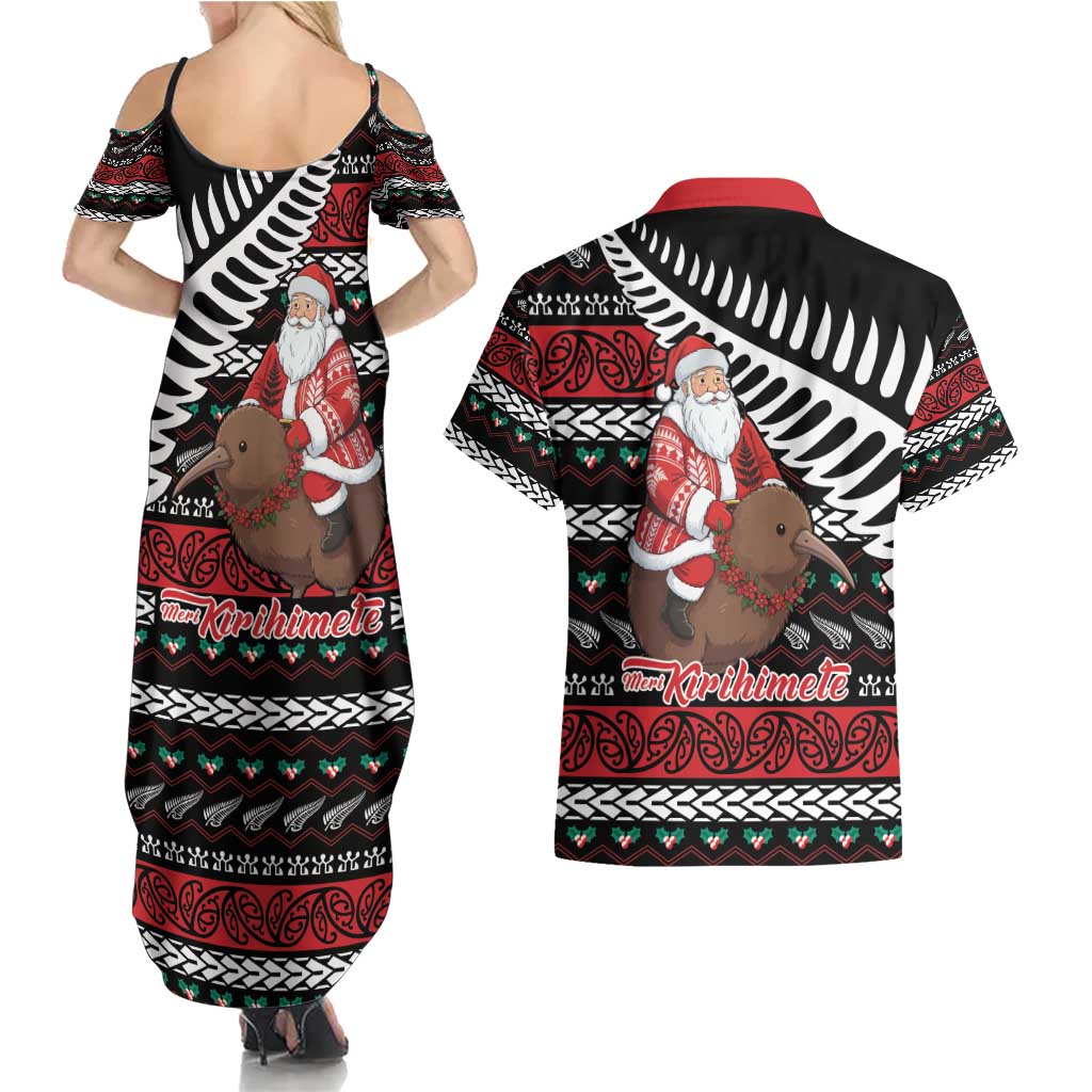 New Zealand Kiwi Santa Christmas Couples Matching Summer Maxi Dress and Hawaiian Shirt He Wairua Kirihimete LT9 - Polynesian Pride