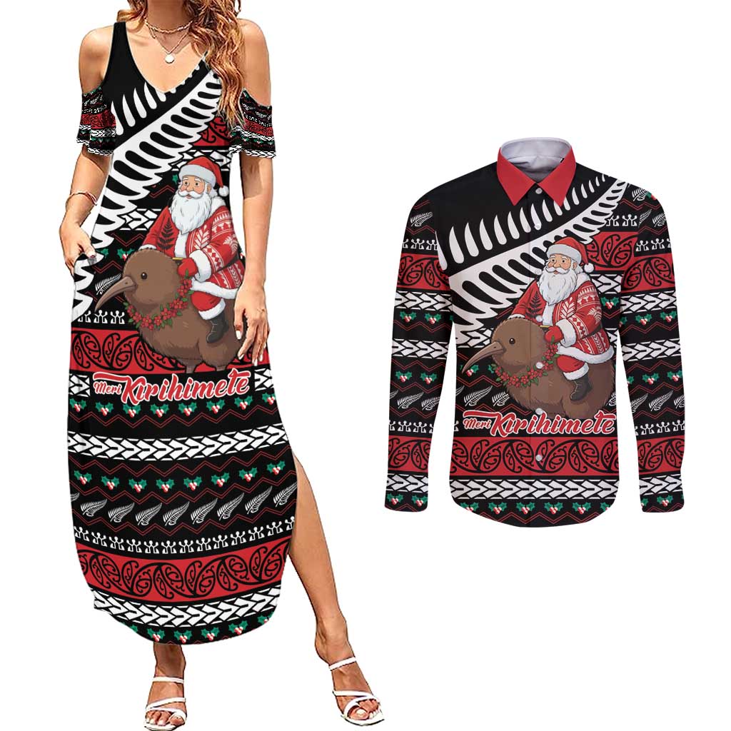New Zealand Kiwi Santa Christmas Couples Matching Summer Maxi Dress and Long Sleeve Button Shirt He Wairua Kirihimete - Polynesian Pride