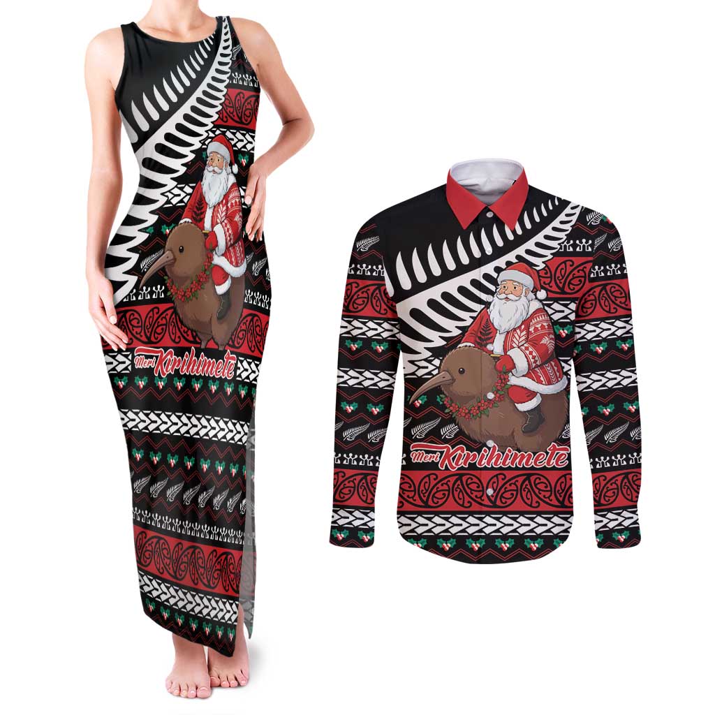 New Zealand Kiwi Santa Christmas Couples Matching Tank Maxi Dress and Long Sleeve Button Shirt He Wairua Kirihimete LT9 Black - Polynesian Pride