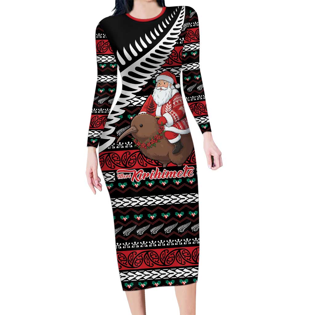 New Zealand Kiwi Santa Christmas Family Matching Long Sleeve Bodycon Dress and Hawaiian Shirt He Wairua Kirihimete LT9 Mom's Dress Black - Polynesian Pride