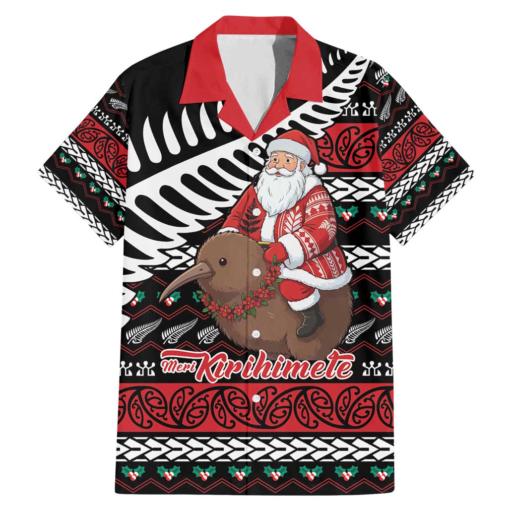 New Zealand Kiwi Santa Christmas Family Matching Mermaid Dress and Hawaiian Shirt He Wairua Kirihimete LT9 Dad's Shirt - Short Sleeve Black - Polynesian Pride