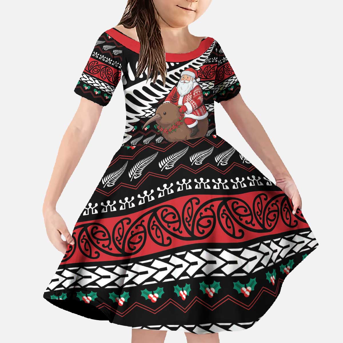 New Zealand Kiwi Santa Christmas Family Matching Off The Shoulder Long Sleeve Dress and Hawaiian Shirt He Wairua Kirihimete LT9 Daughter's Dress Black - Polynesian Pride