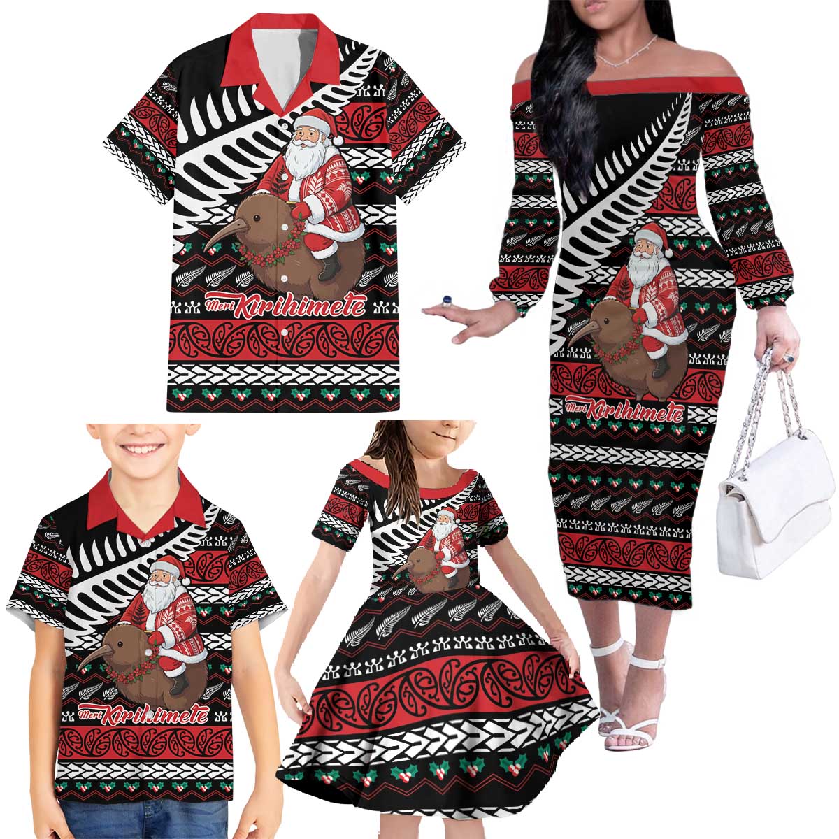 New Zealand Kiwi Santa Christmas Family Matching Off The Shoulder Long Sleeve Dress and Hawaiian Shirt He Wairua Kirihimete LT9 - Polynesian Pride