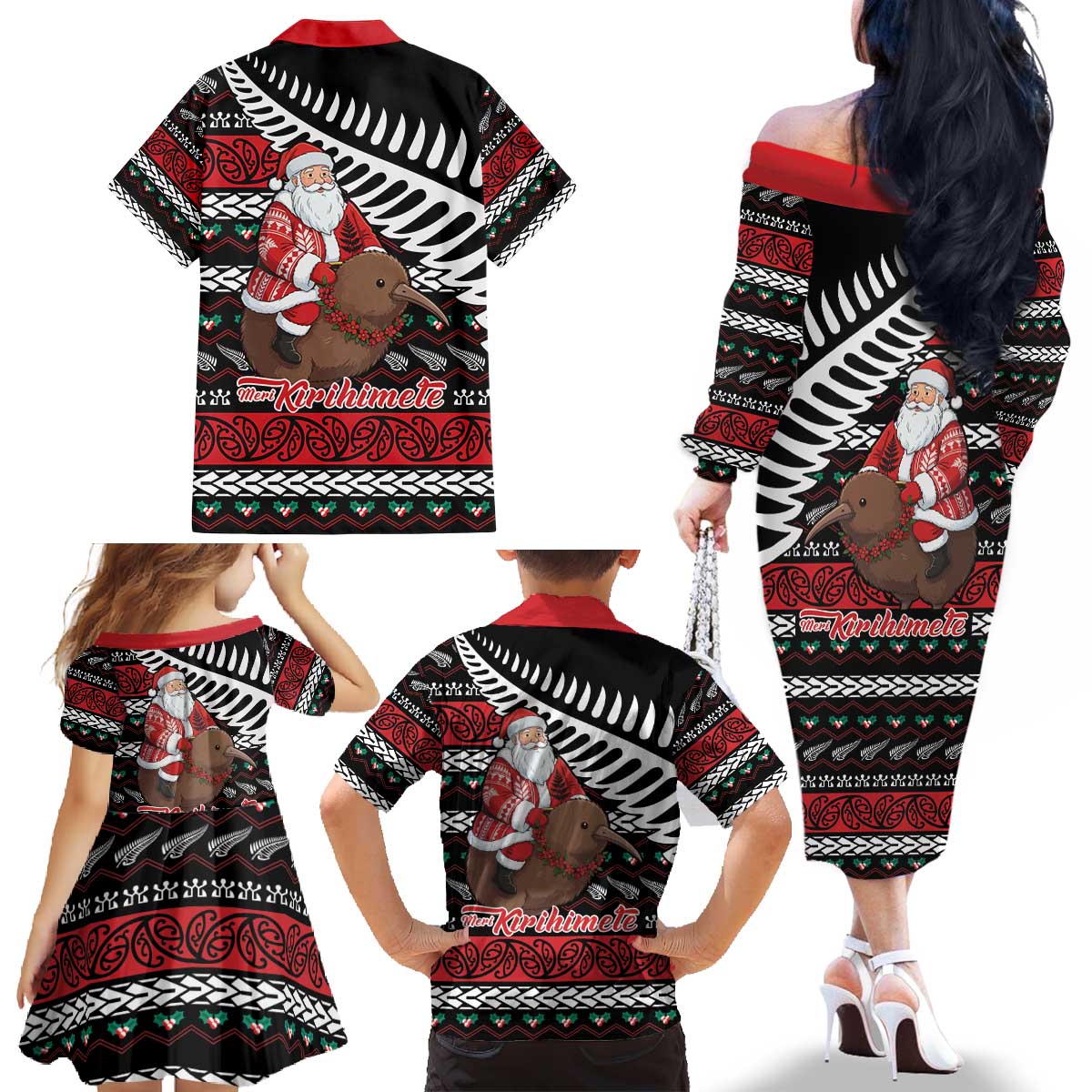 New Zealand Kiwi Santa Christmas Family Matching Off The Shoulder Long Sleeve Dress and Hawaiian Shirt He Wairua Kirihimete LT9 - Polynesian Pride