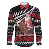 New Zealand Kiwi Santa Christmas Family Matching Puletasi and Hawaiian Shirt He Wairua Kirihimete LT9 Dad's Shirt - Long Sleeve Black - Polynesian Pride