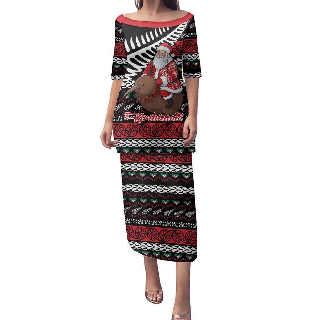 New Zealand Kiwi Santa Christmas Family Matching Puletasi and Hawaiian Shirt He Wairua Kirihimete LT9 Mom's Dress Black - Polynesian Pride