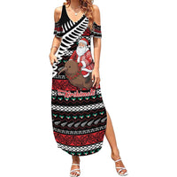 New Zealand Kiwi Santa Christmas Family Matching Summer Maxi Dress and Hawaiian Shirt He Wairua Kirihimete LT9 Mom's Dress Black - Polynesian Pride