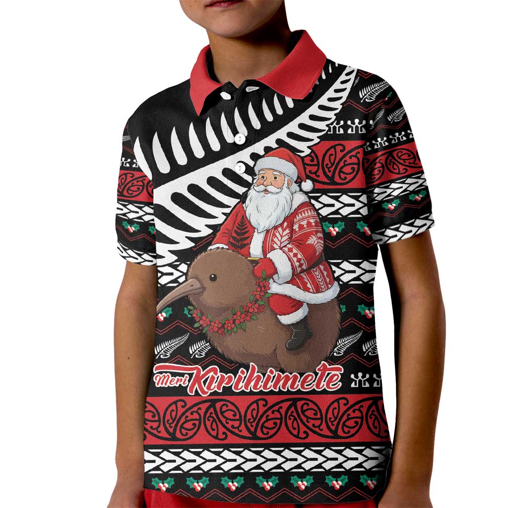 New Zealand Kiwi Santa Christmas Kid Polo Shirt He Wairua Kirihimete LT9 Kid Black - Polynesian Pride