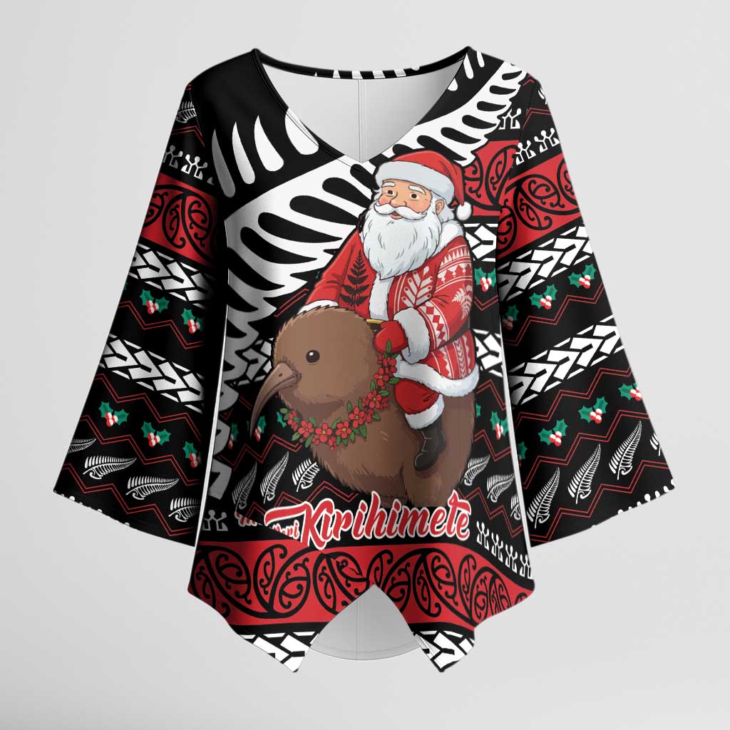 New Zealand Kiwi Santa Christmas Kimono Sleeve Blouse He Wairua Kirihimete LT9 Female Black - Polynesian Pride